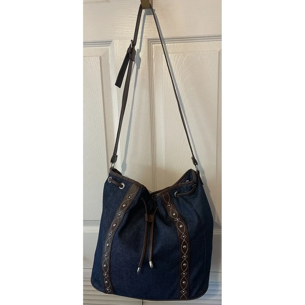 Gold‎ Coast Denim Bucket Bag Faux Leather Trim Studded Hobo Shoulder Crossbody